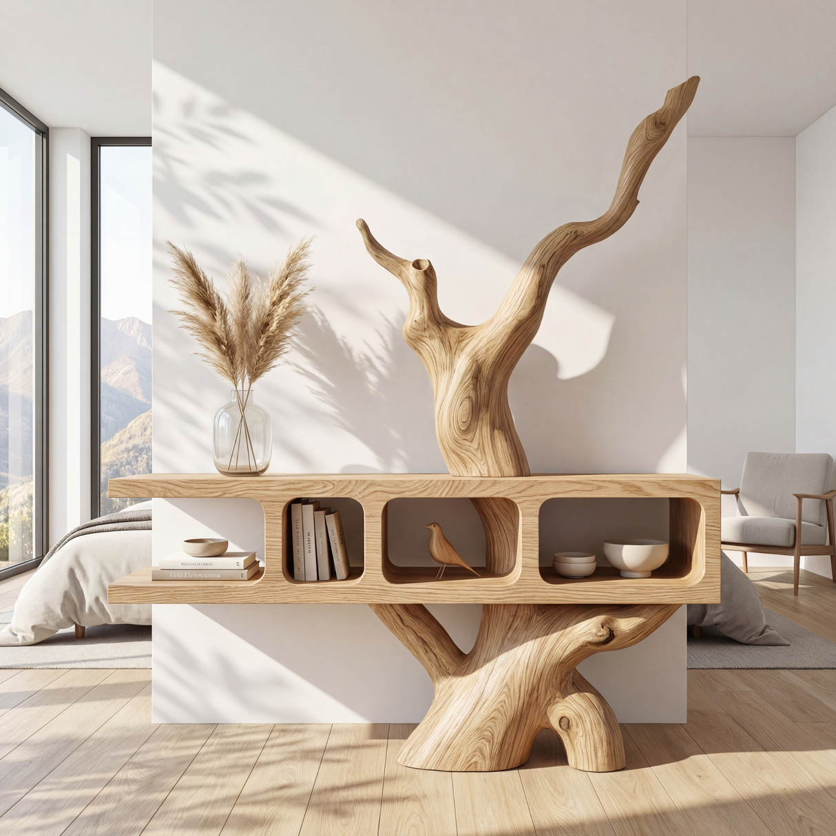 Sculptural Solid Wood Bookshelf with Tree Form Organic Modern Display Shelf Storage Unit