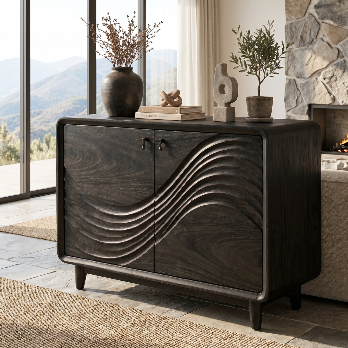 Natural Solid Wood Sideboard with Flowing Relief Carved Front