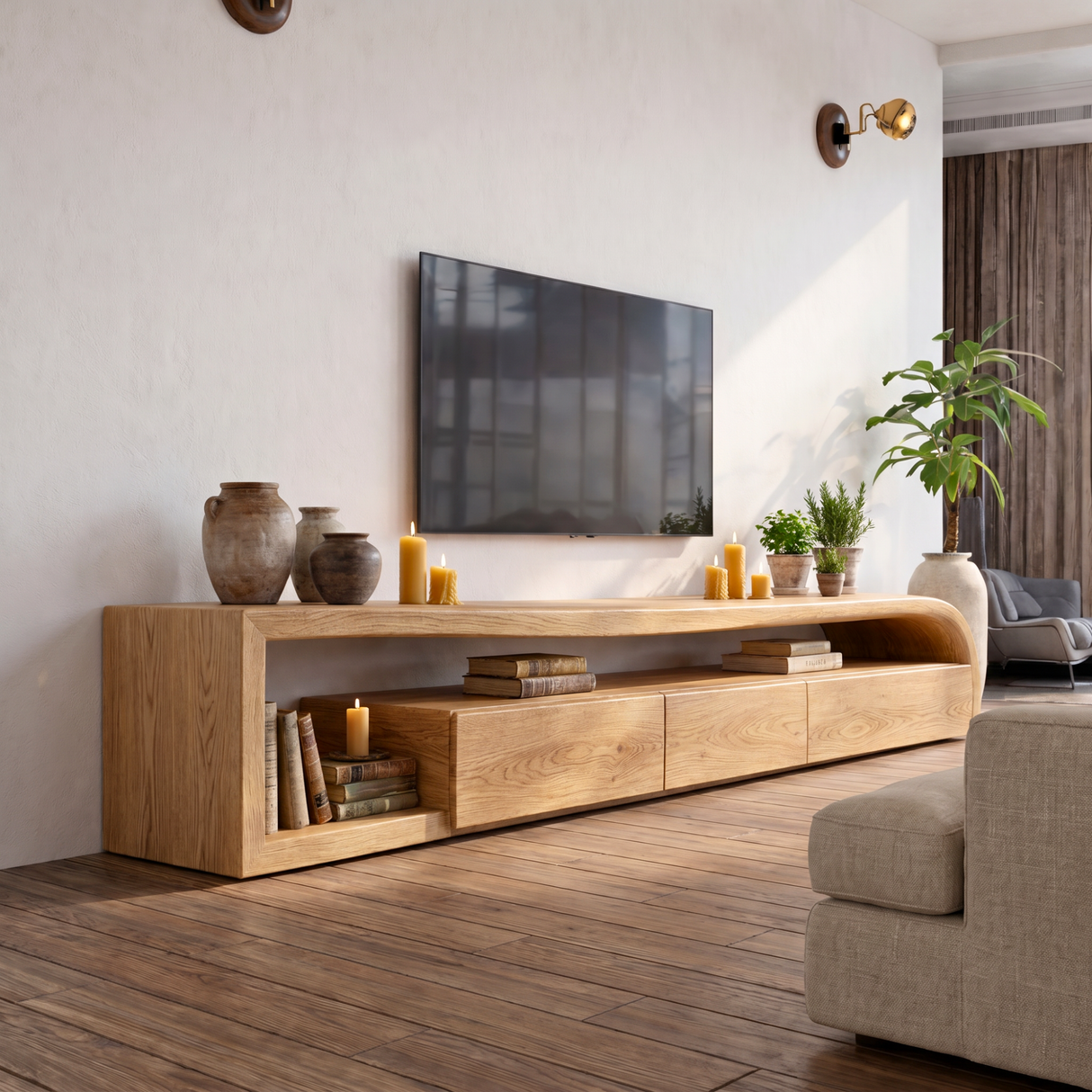 Sculptural Solid Wood TV Console with Curved Side Shelf and Storage Drawers
