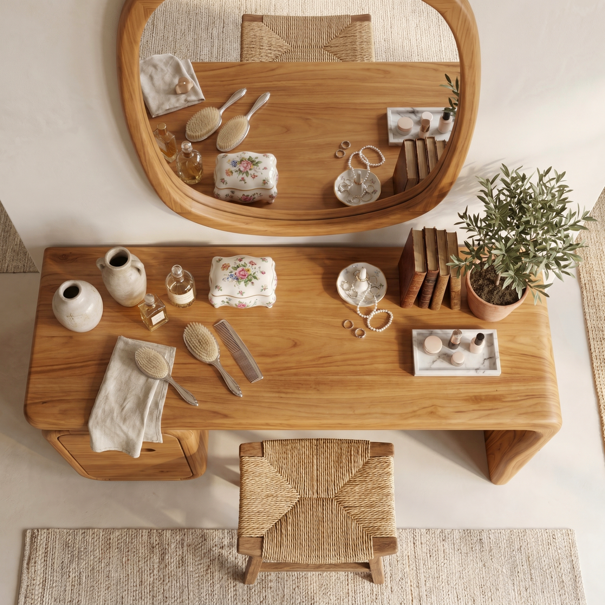 Solid Wood Vanity Desk with Rounded Drawer Pedestal and Waterfall Side
