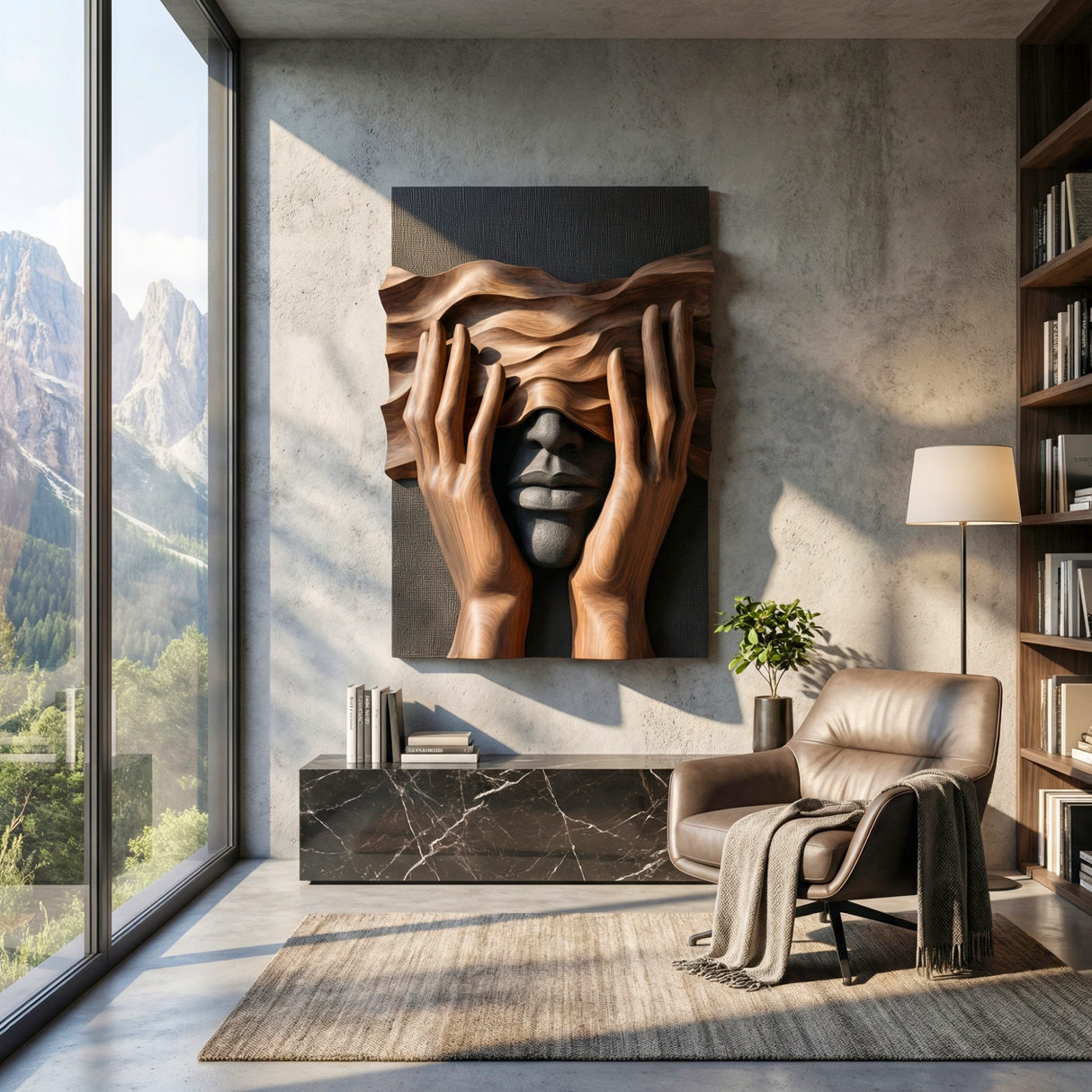 Handcrafted Solid Wood Wall Art Panel with Surreal Portrait and Sculptural Hands Relief