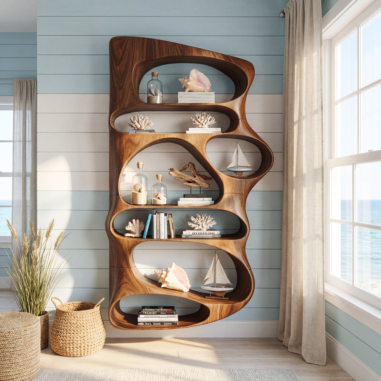Wall Mounted Sculptural Wood Shelf with Flowing Open Niches