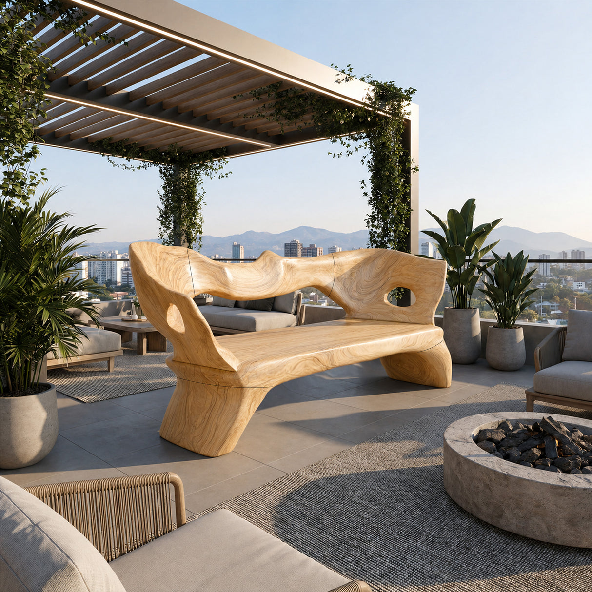 Sculptural Solid Wood Bench with Organic Carved Form