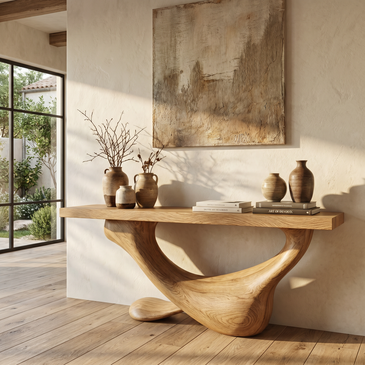 Console Table Solid Wood with Asymmetric Crescent Loop Base for Entryway Decor