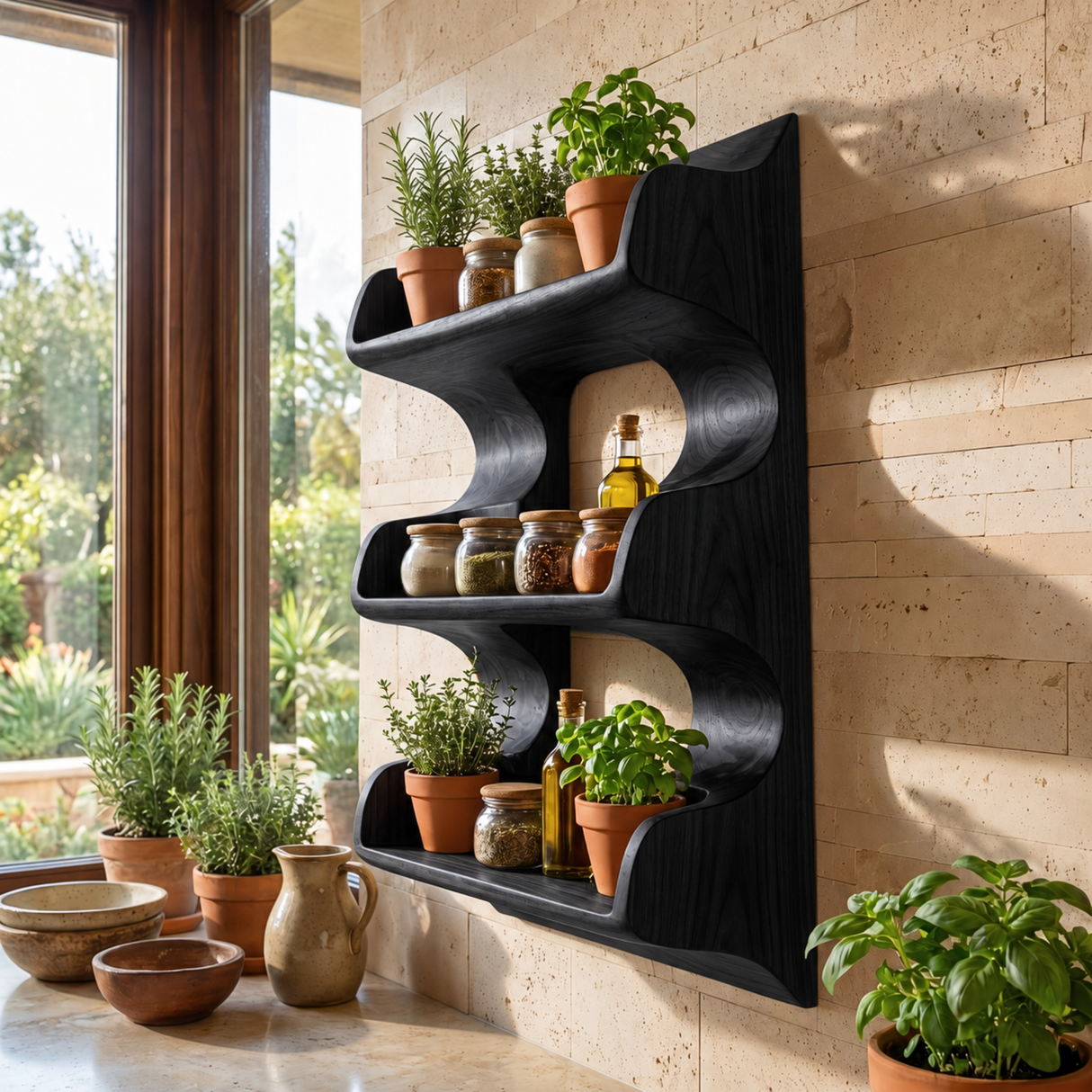 Solid Wood Organic Wall Spice Rack with Flowing Three Shelf Design