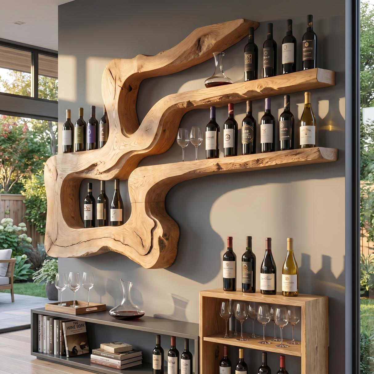 Handmade Organic Wood Wine Rack Wall Shelf Sculptural Bar Decor