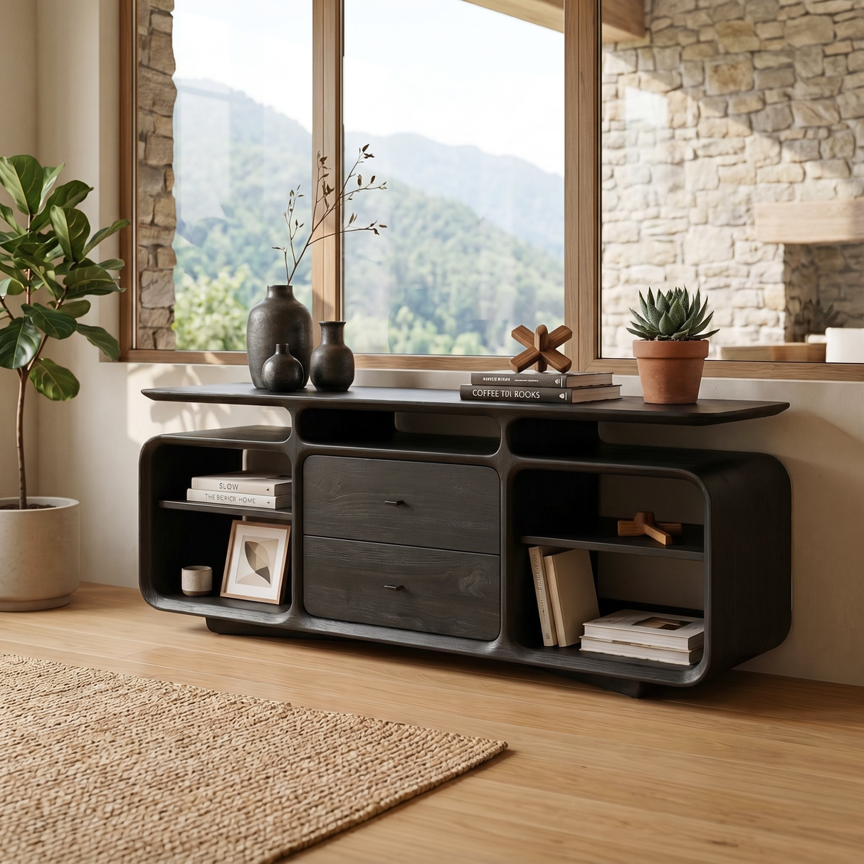 Solid Wood Low Sideboard Cabinet with Drawers and Open Storage Shelves