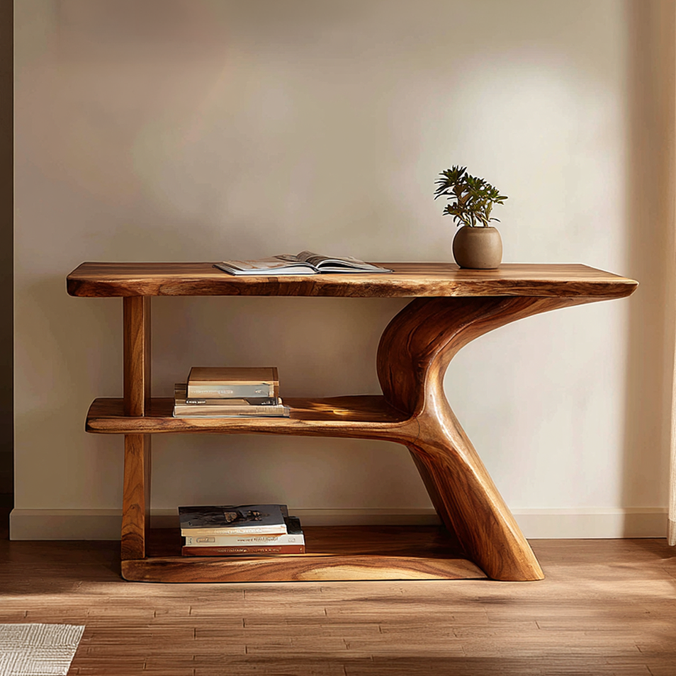 Modern Solid Wood Console Table with Sculpted Side Panel and Shelf