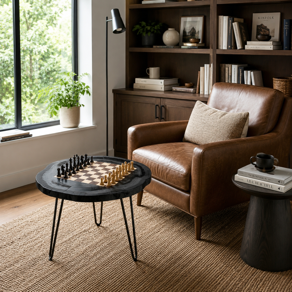 Handcrafted Solid Wood Chess Coffee Table with Organic Round Top and Hairpin Legs