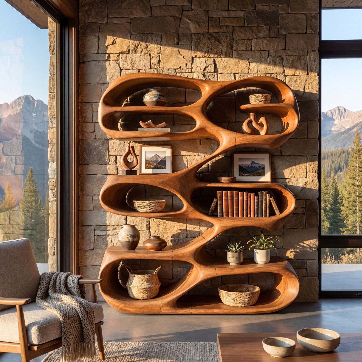 Freeform Wave Wood Bookcase with Open Sculptural Shelves