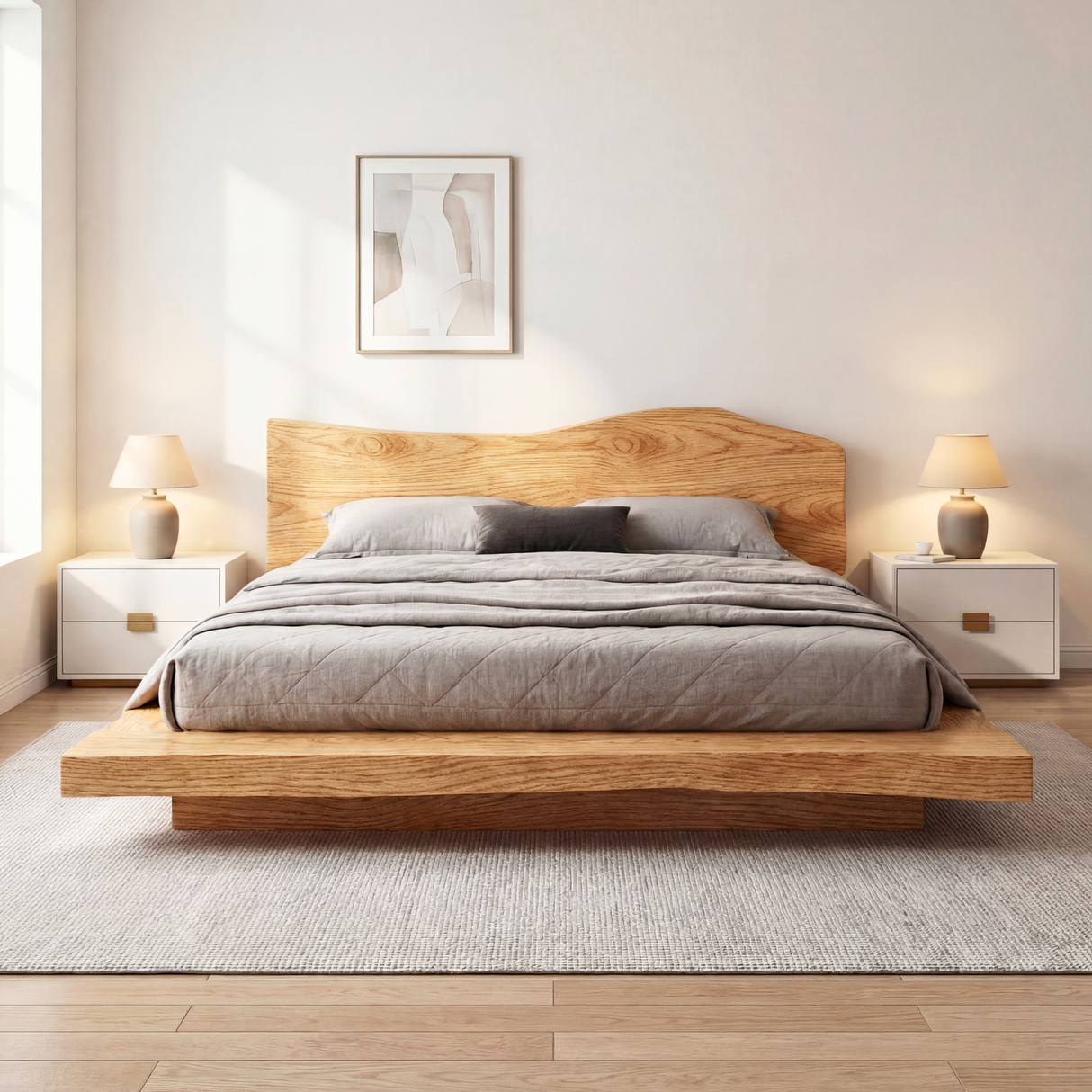 Solid Wood Platform Bed with Natural Edge Headboard for Bedroom