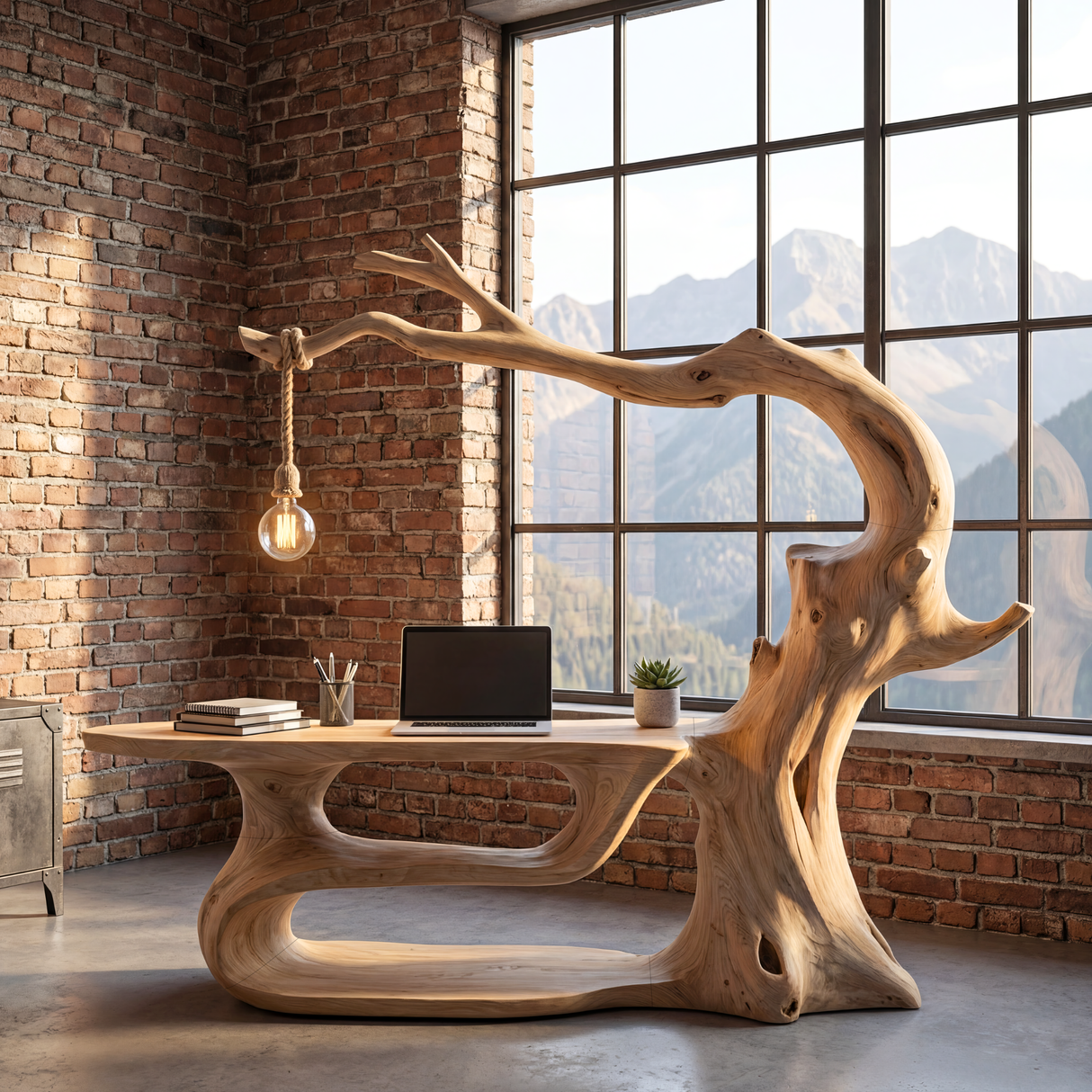 Sculptural Solid Wood Desk with Integrated Hanging Lamp, Organic Writing Table, Artistic Reading Nook Desk