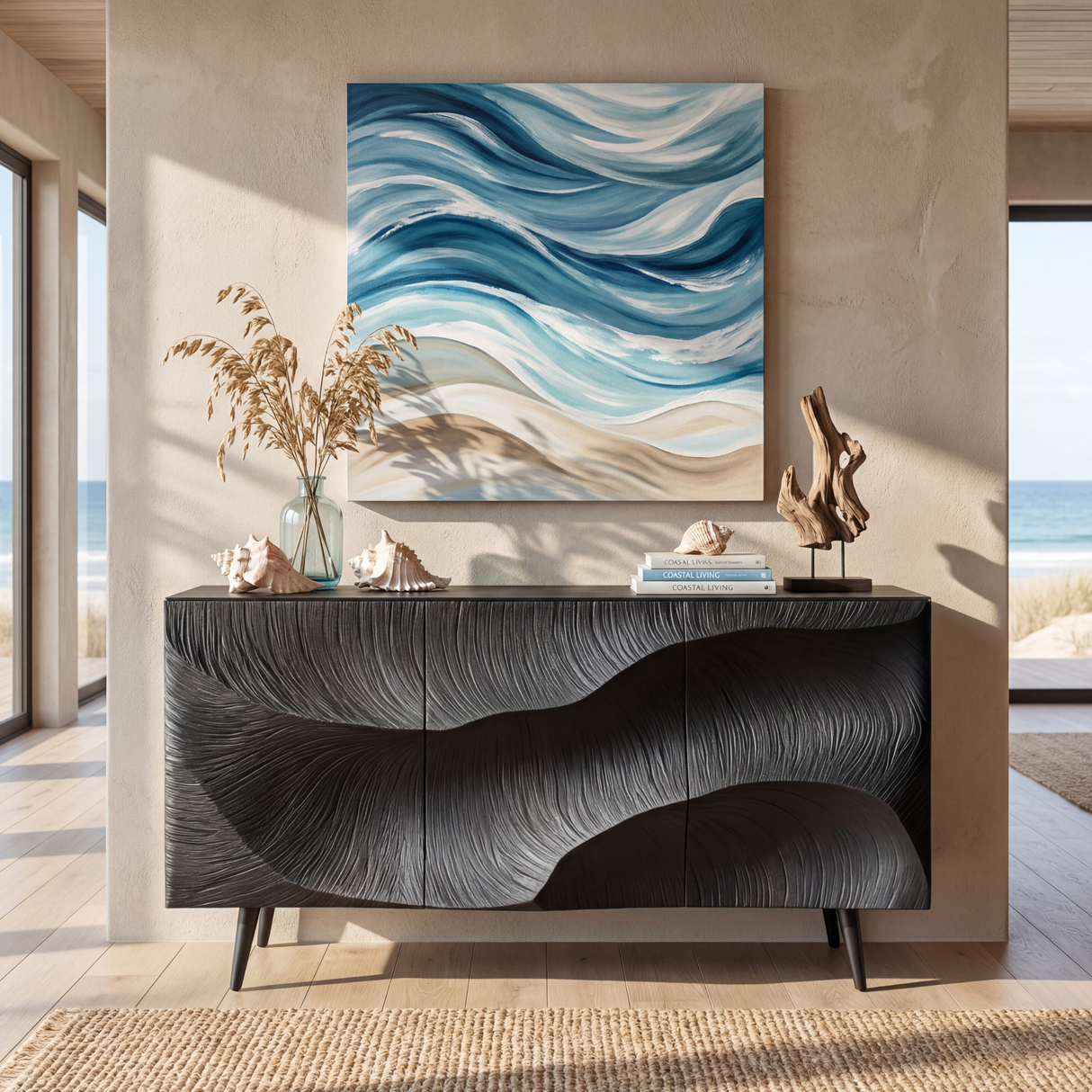 Sculpted Black Feather Front Wood Sideboard Cabinet for Modern Living and Dining Rooms