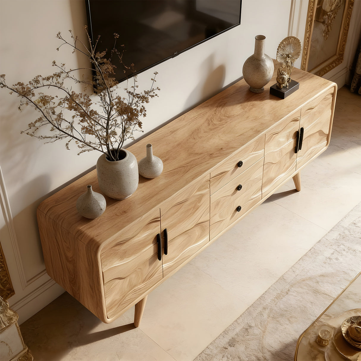 Organic Solid Wood TV Cabinet with Wave Carved Doors