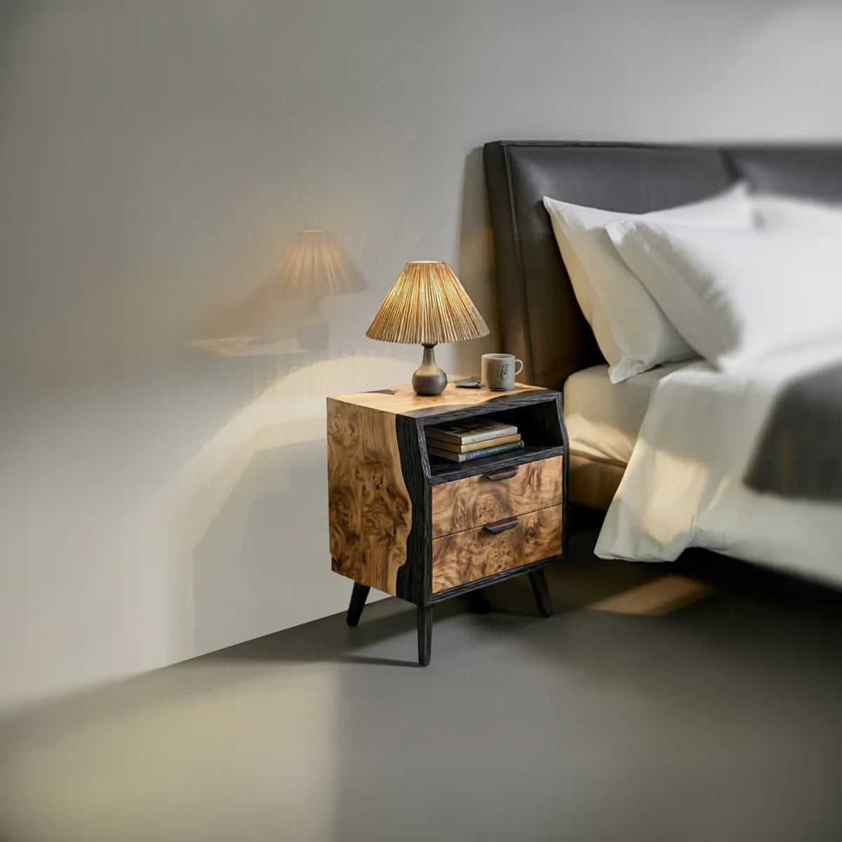 Modern Two-Tone Solid Wood Nightstand with Open Shelf & Double Drawers