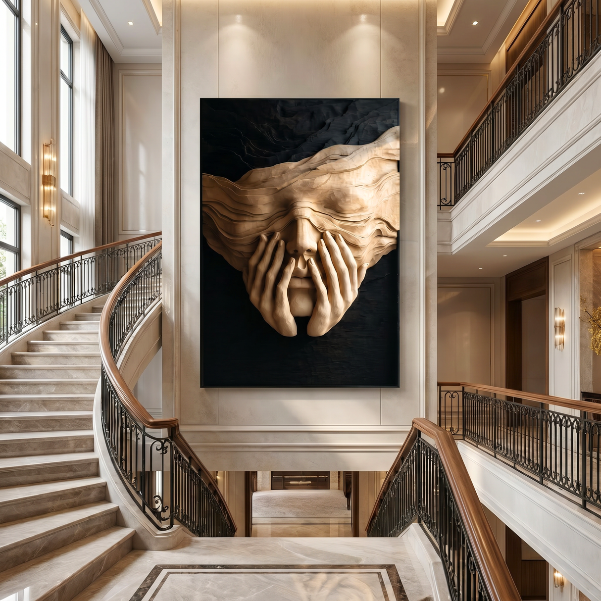Sculptural Wood Wall Art with Veiled Face and Hands