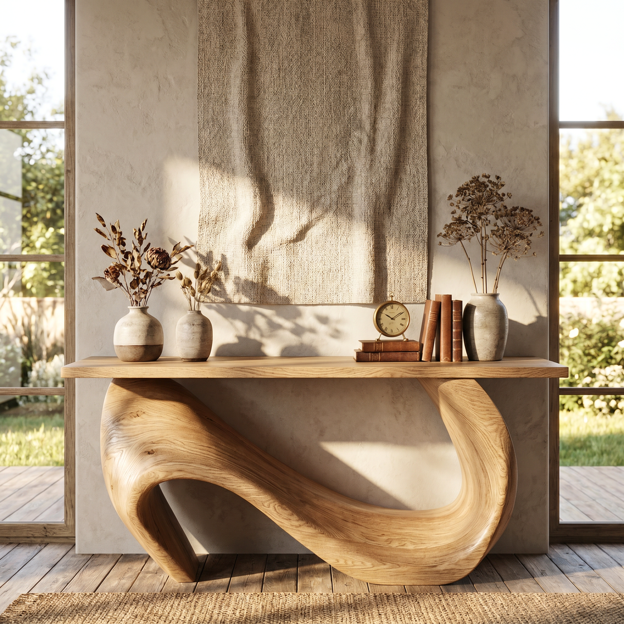 Console Table Solid Wood with Asymmetric Loop Base for Entryway Decor