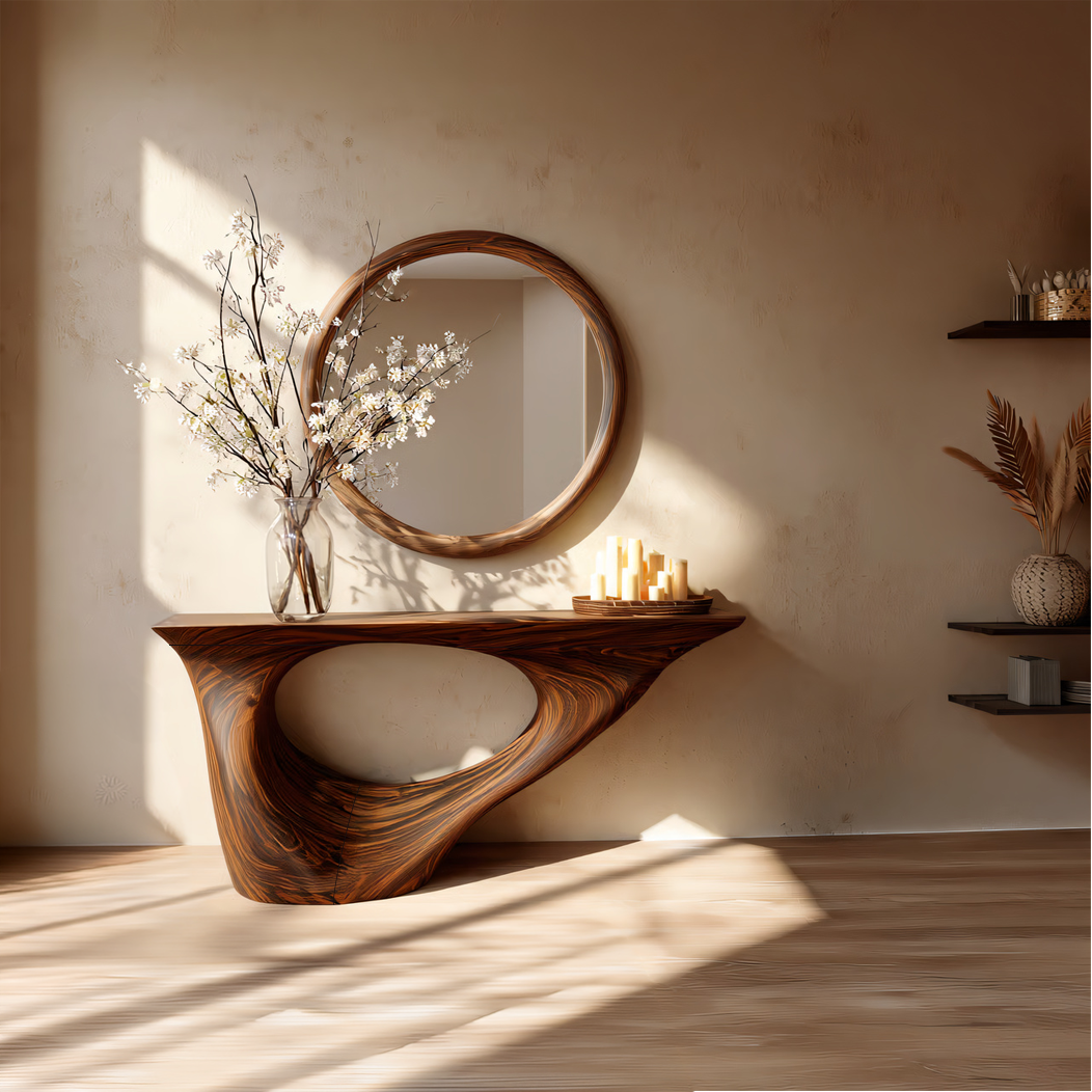 Organic Sculpted Solid Wood Console Table with Architectural Base