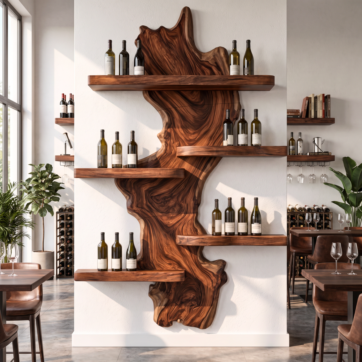 Wall Mounted Wine Rack Solid Wood with Sculptural Live Edge Center and Display Shelves