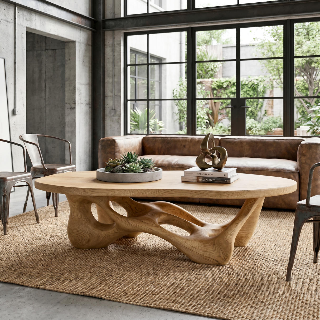 Solid Wood Coffee Table with Organic Openwork Base and Rounded Slab Top