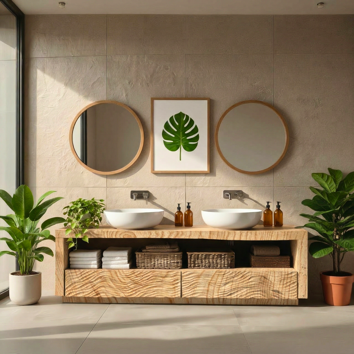 Wood Double Bathroom Vanity with Carved Wave Drawers and Open Shelf