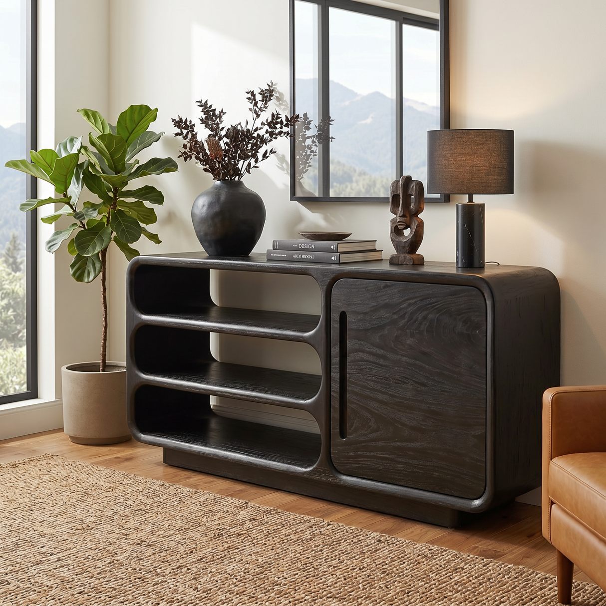 Solid Wood Rounded Sideboard with Open Shelves for Living Room