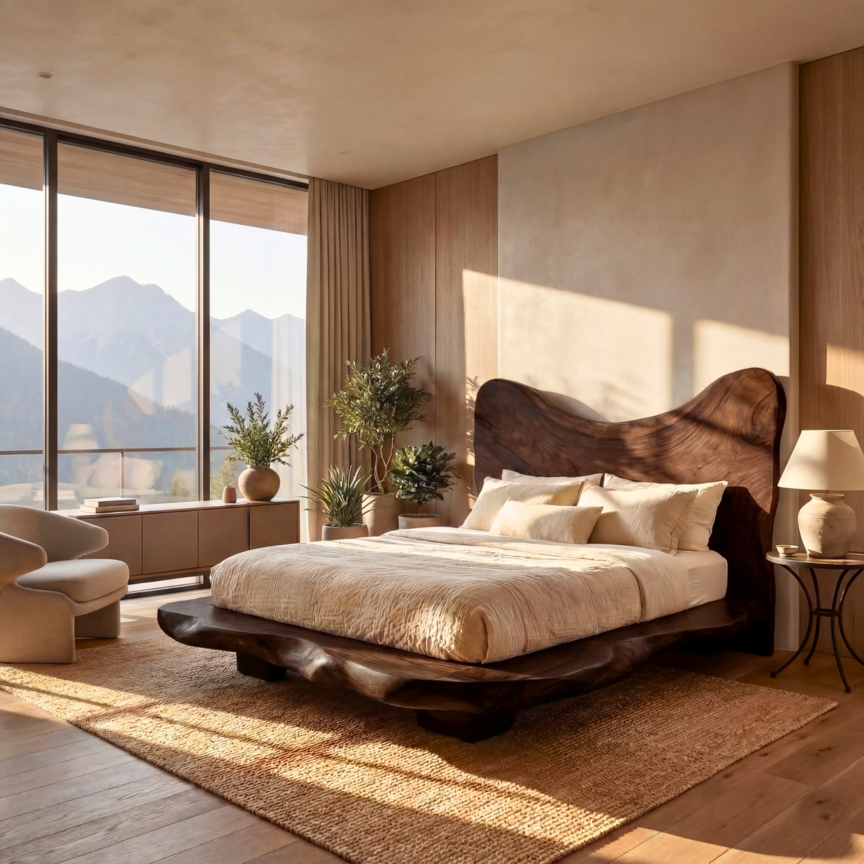 Sculptural Solid Wood Bed Frame with Organic Headboard