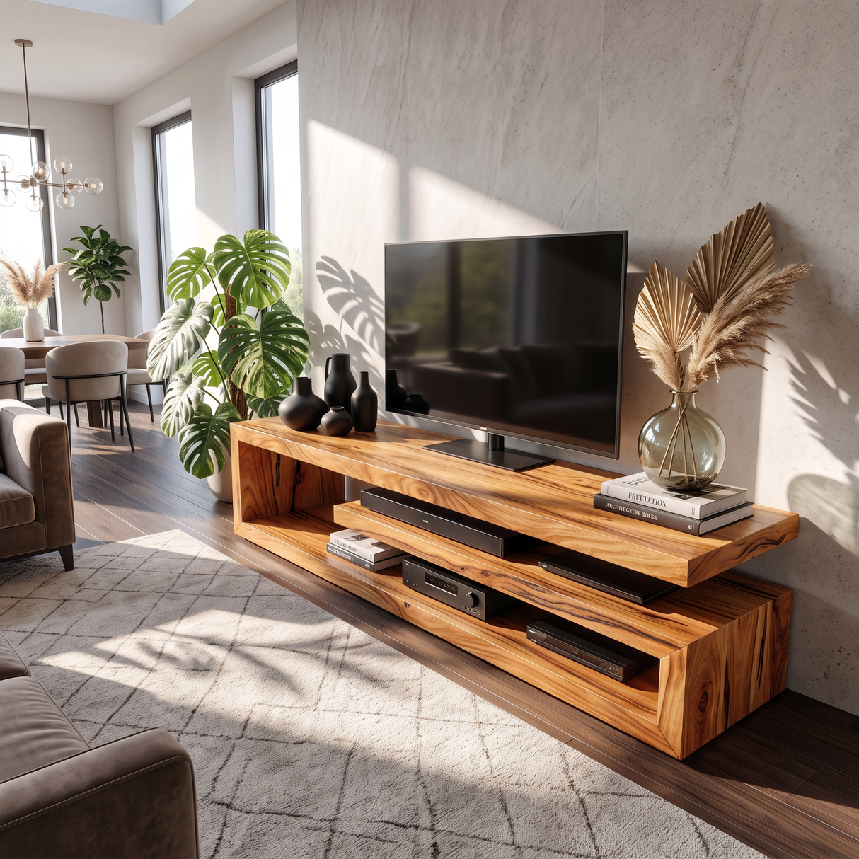 TV Console Solid Wood with Open Shelving for Living Room