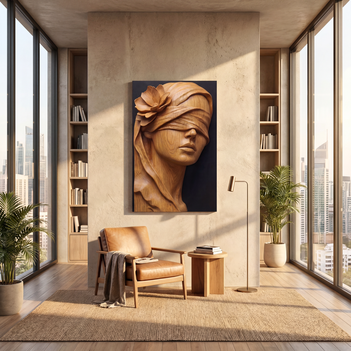 Golden Veil Bloom Wooden Relief Portrait Sculpture Wall Art