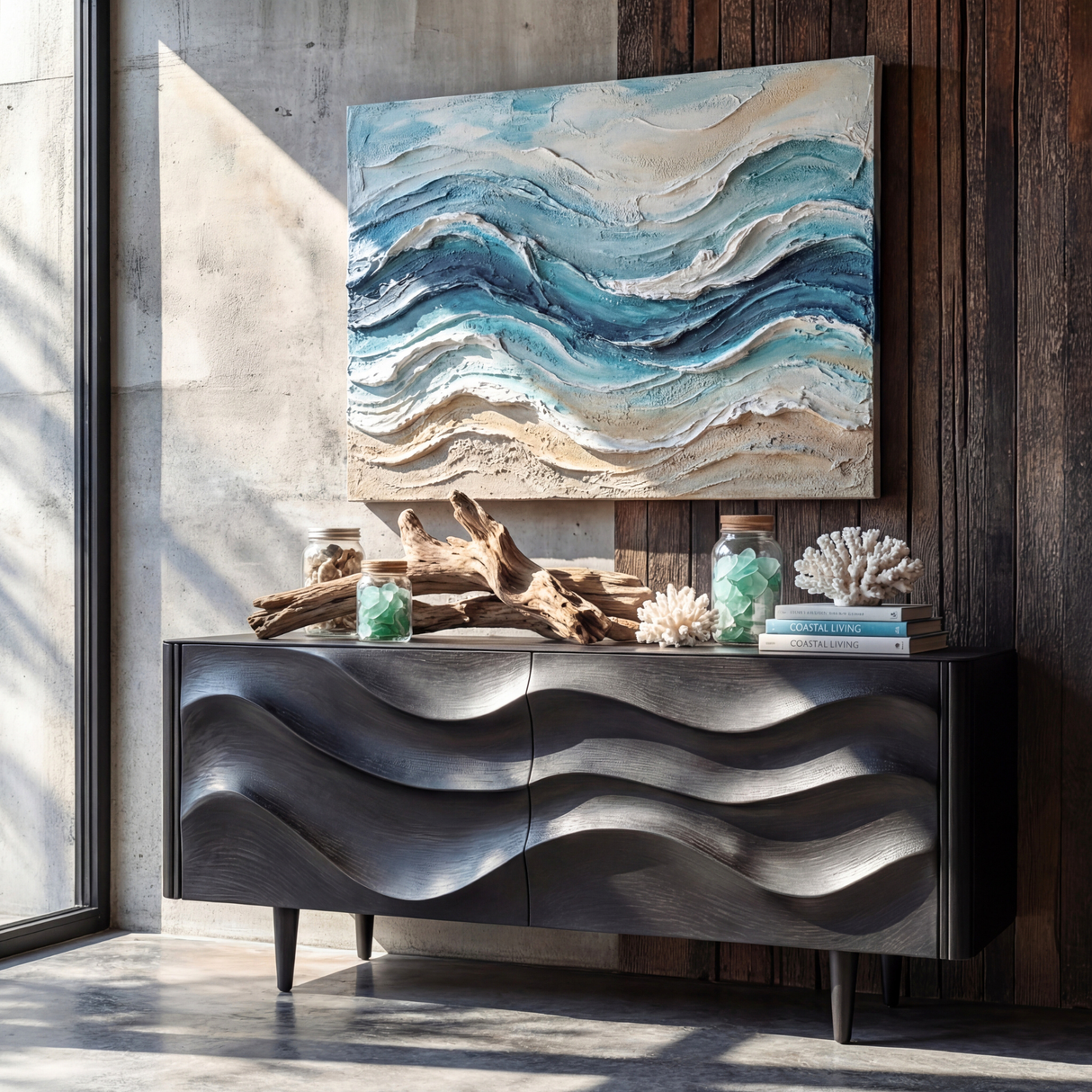 Sculpted Black Wave Sideboard for Modern Living Room and Dining Storage