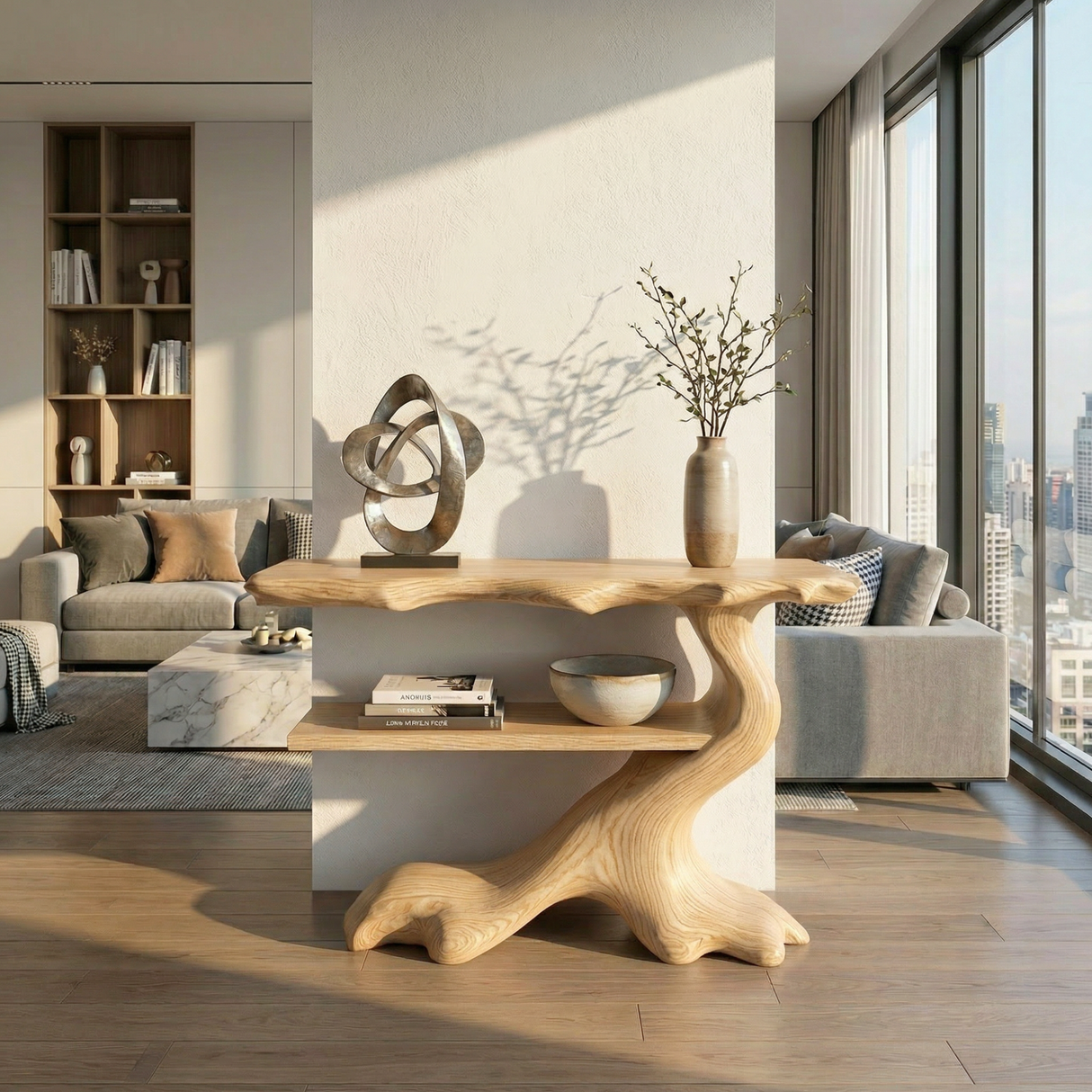 Sculptural Solid Wood Console Table with Open Shelf, Organic Entryway Table
