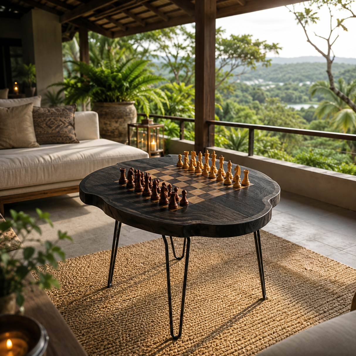 Handcrafted Solid Wood Chess Coffee Table with Organic Slab Top and Hairpin Legs