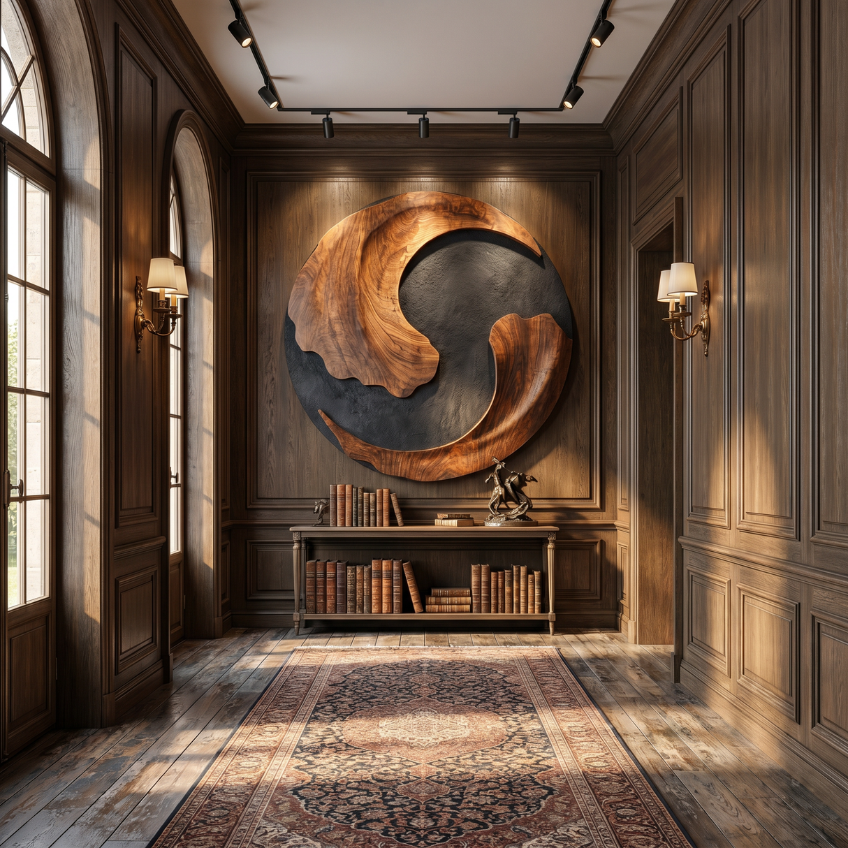 Organic Solid Wood Wall Sculpture with Crescent Cutout and Flowing Grain Relief