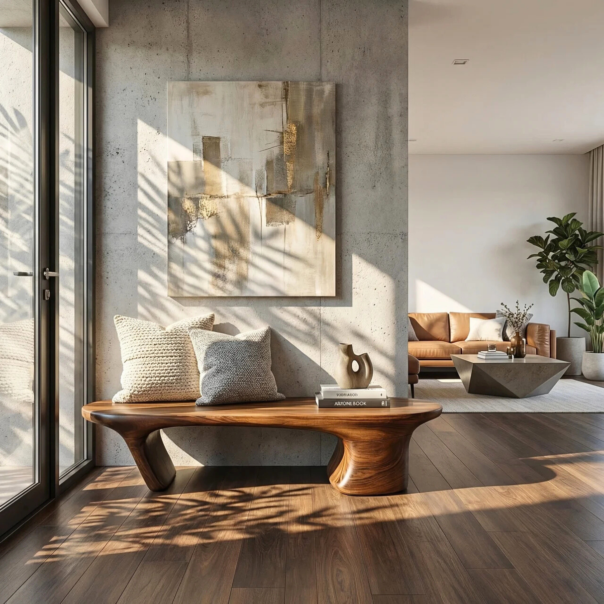 Organic Wood Bench with Sculptural Flared Pedestal Base for Modern Interiors