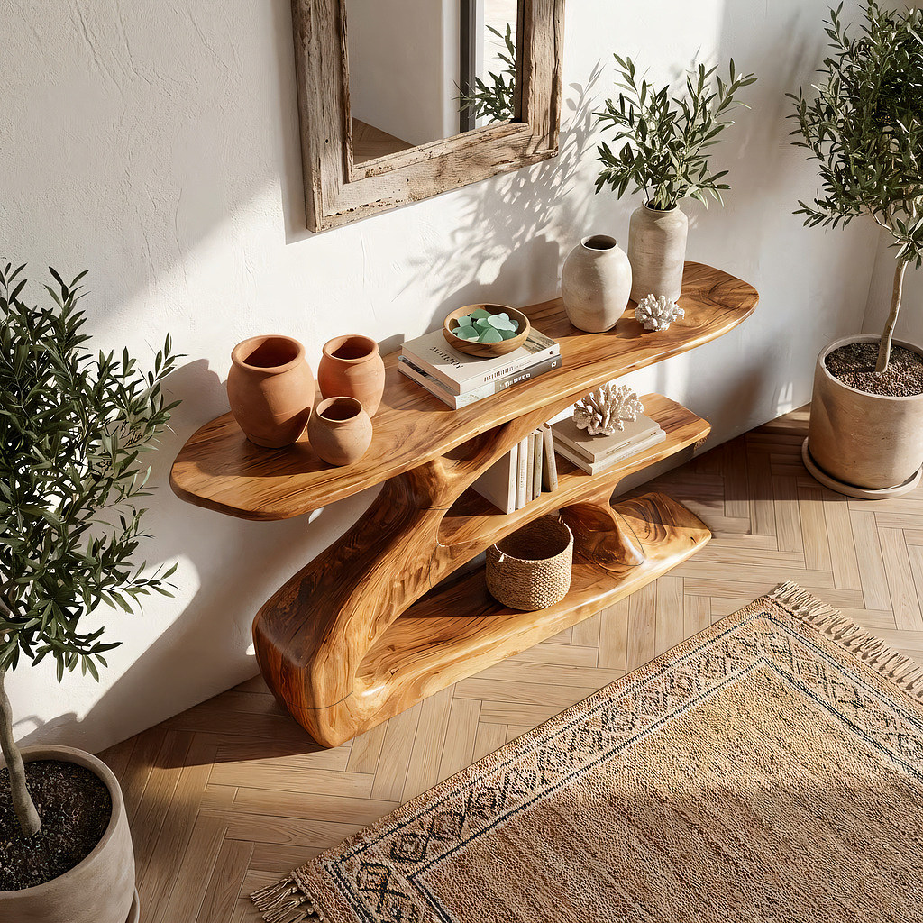 Sculptural Solid Wood Console with Integrated Shelf