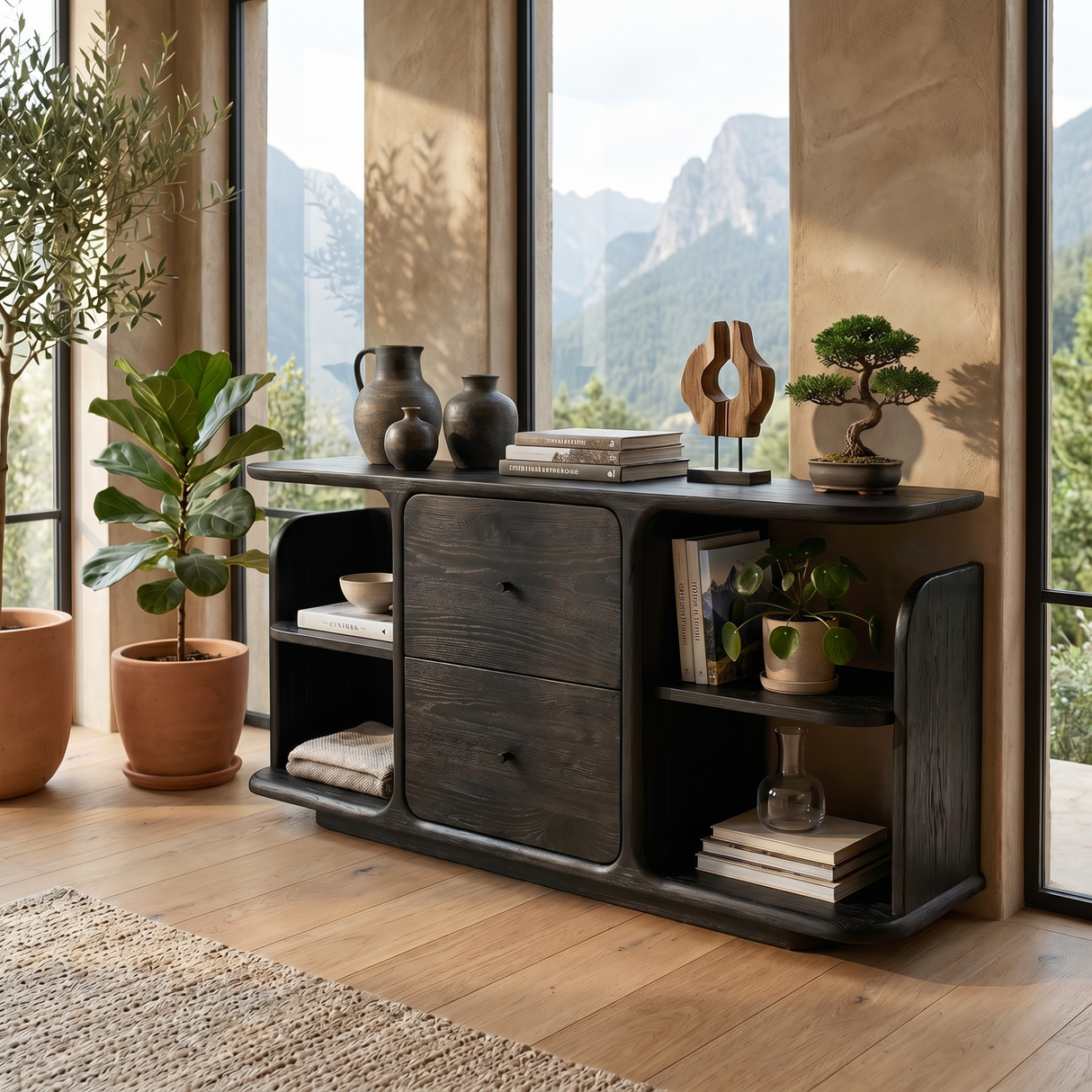 Natural Solid Wood Sideboard with Two Drawers and Open Display Shelves
