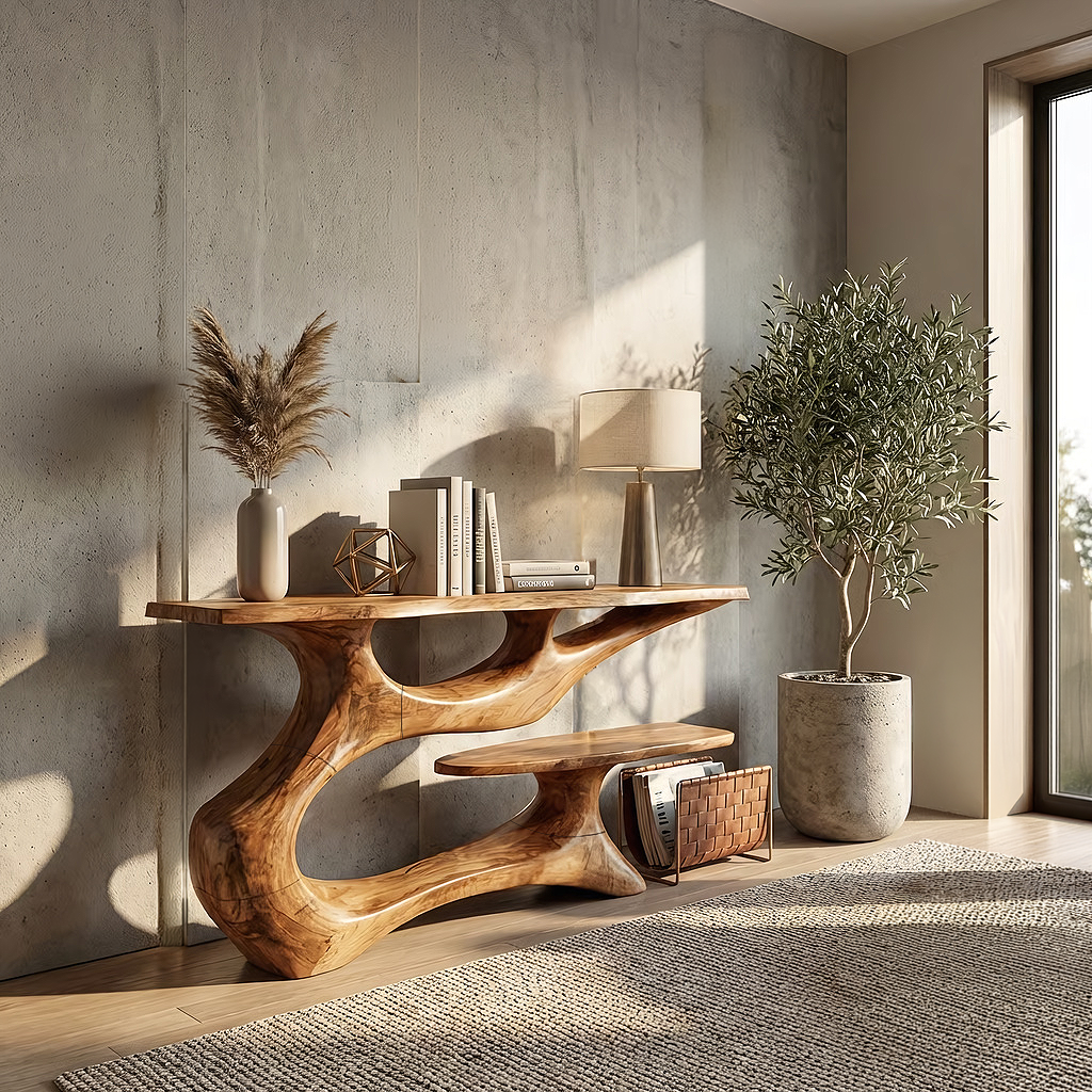 Organic Solid Wood Console Table with Floating Shelf