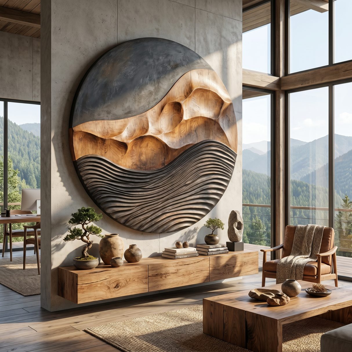 Solid Wood Round Wall Art with Carved Mountain Relief and Layered Wave Texture