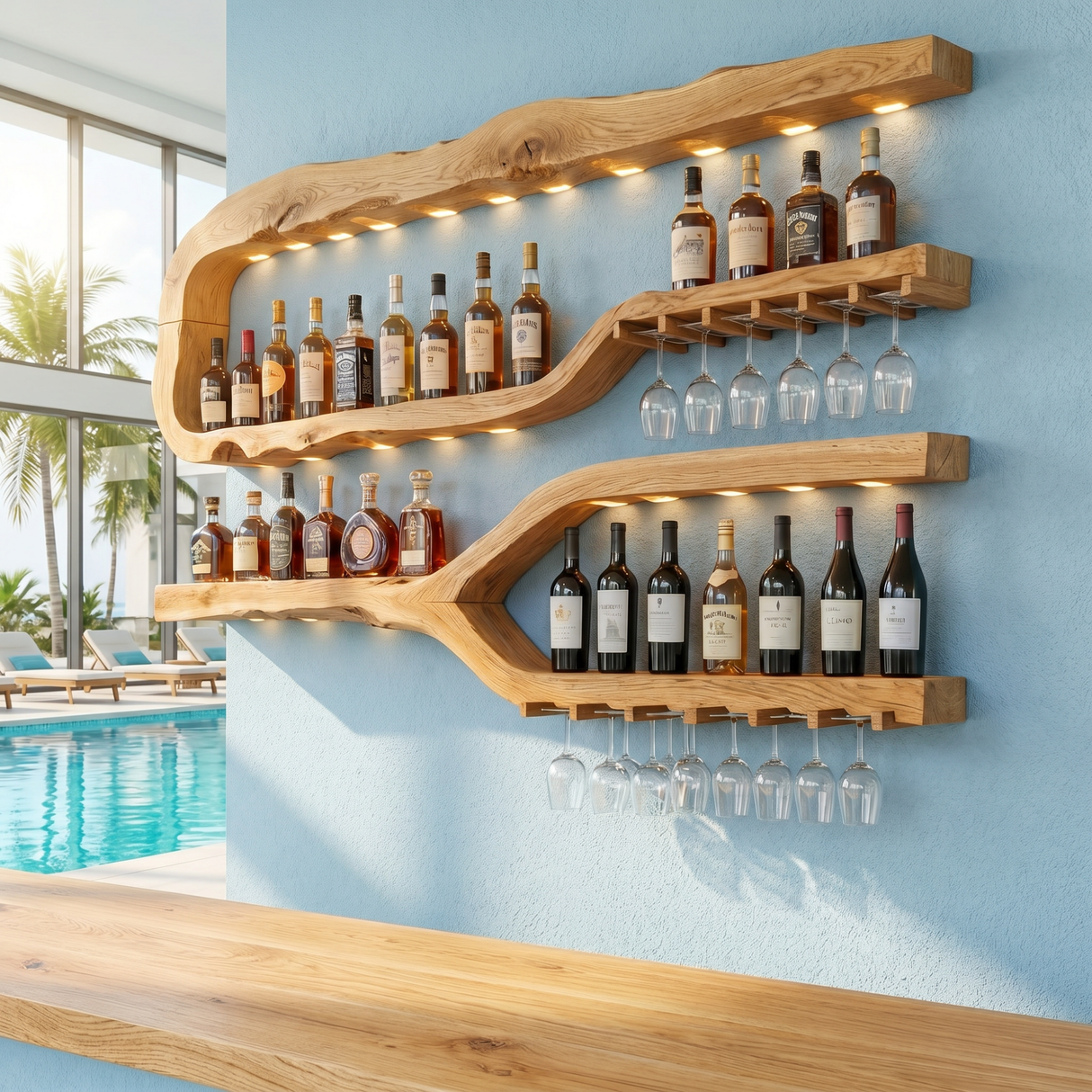 Luxury Solid Wood Wine Rack Wall Shelf With Glass Holder