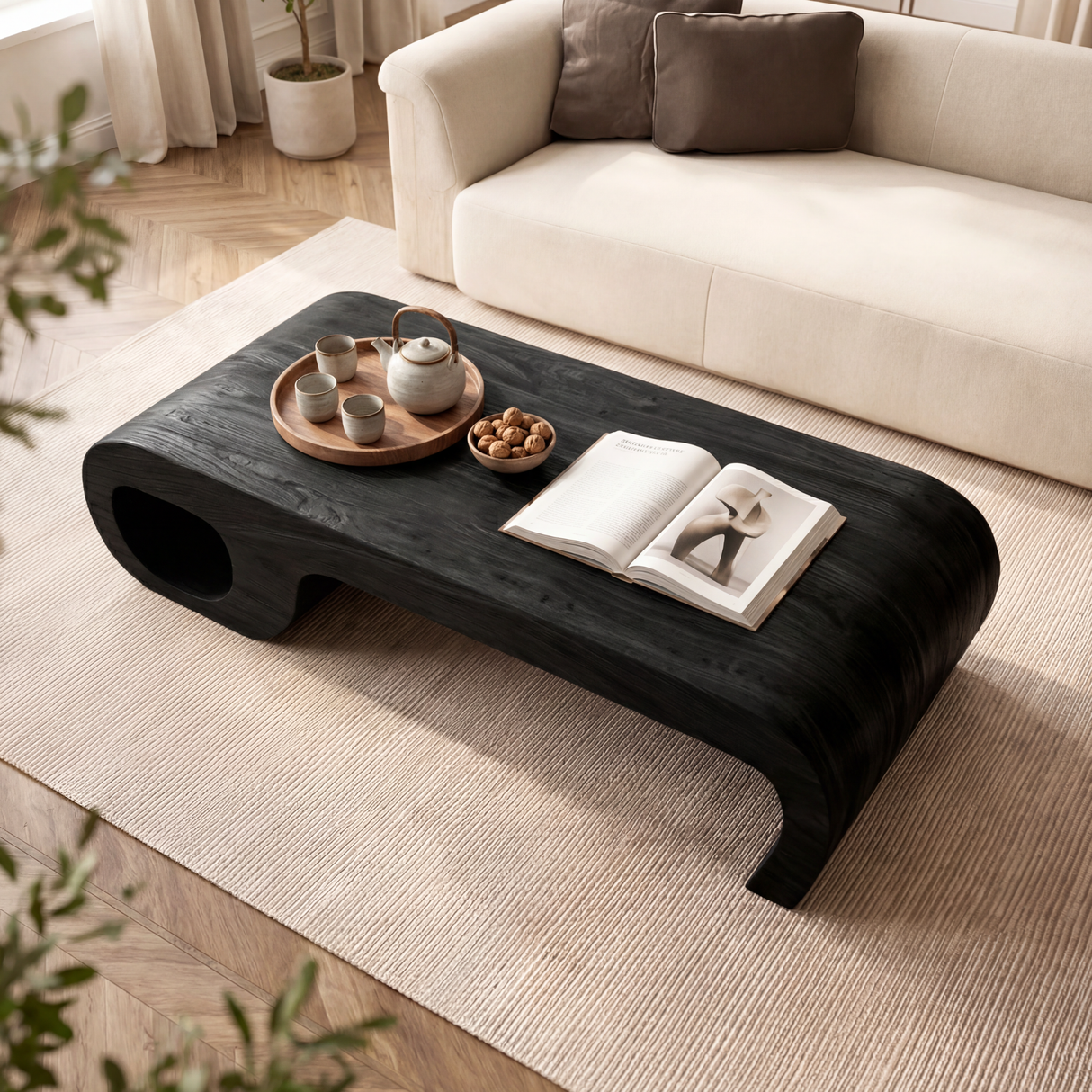 Sculptural Solid Wood Coffee Table, Modern Curved Statement Table