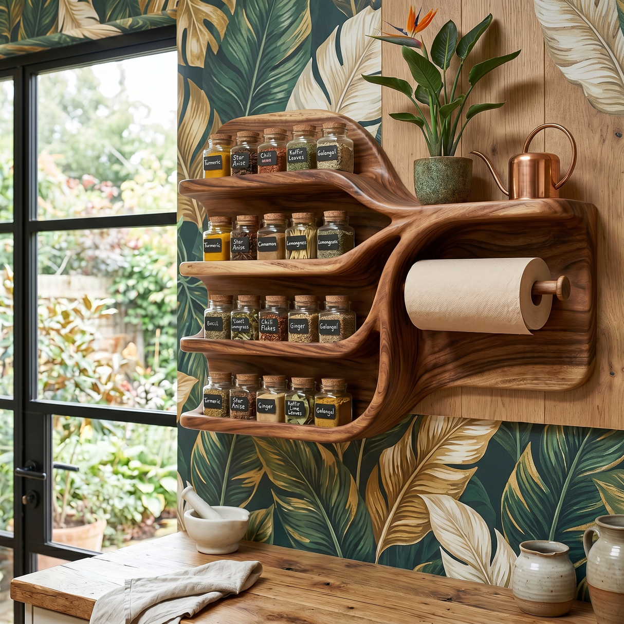 Handcrafted Solid Wood Kitchen Wall Organizer with Spice Shelves and Paper Towel Holder
