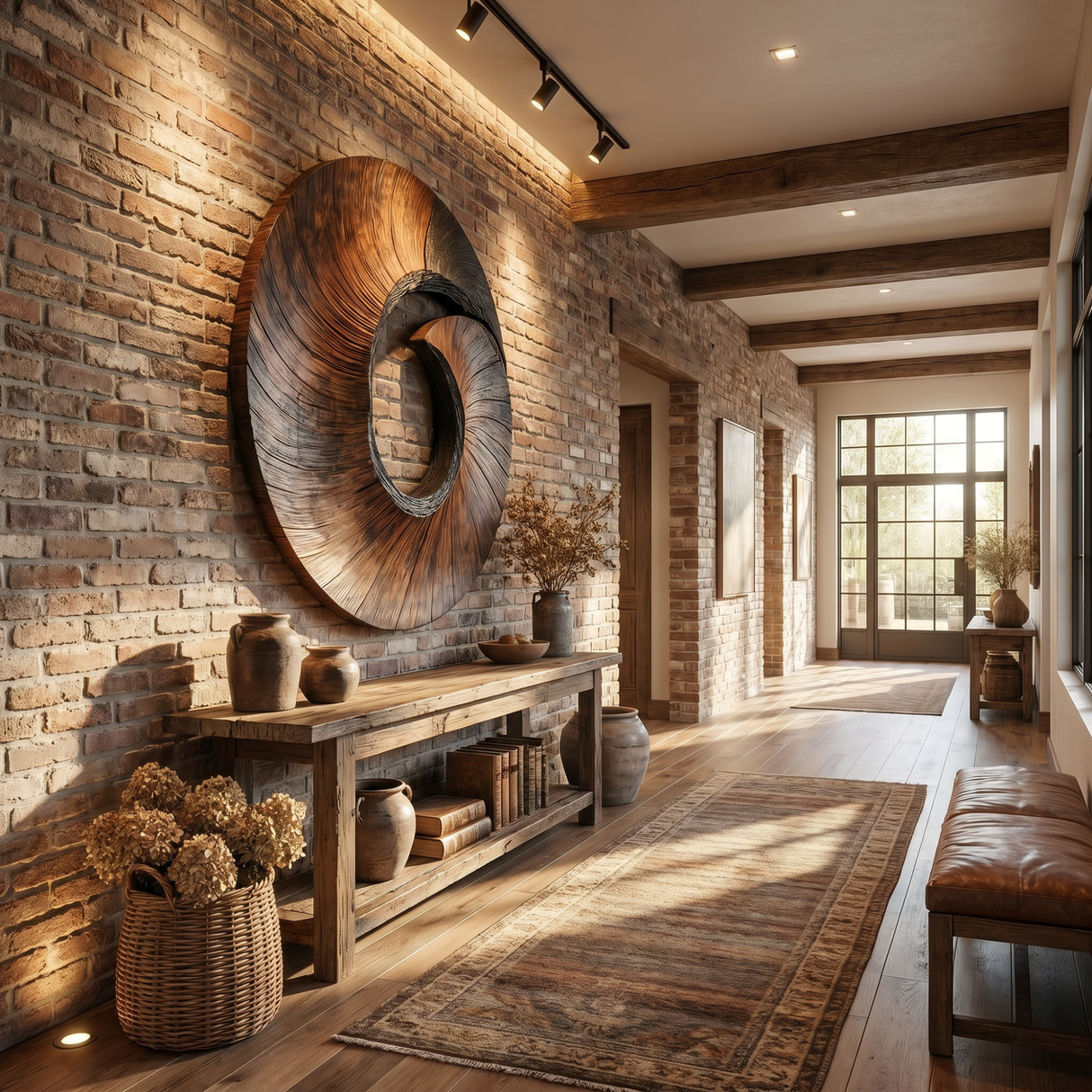 Handcrafted Spiral Wood Wall Sculpture with Open Center and Dark Textured Accent