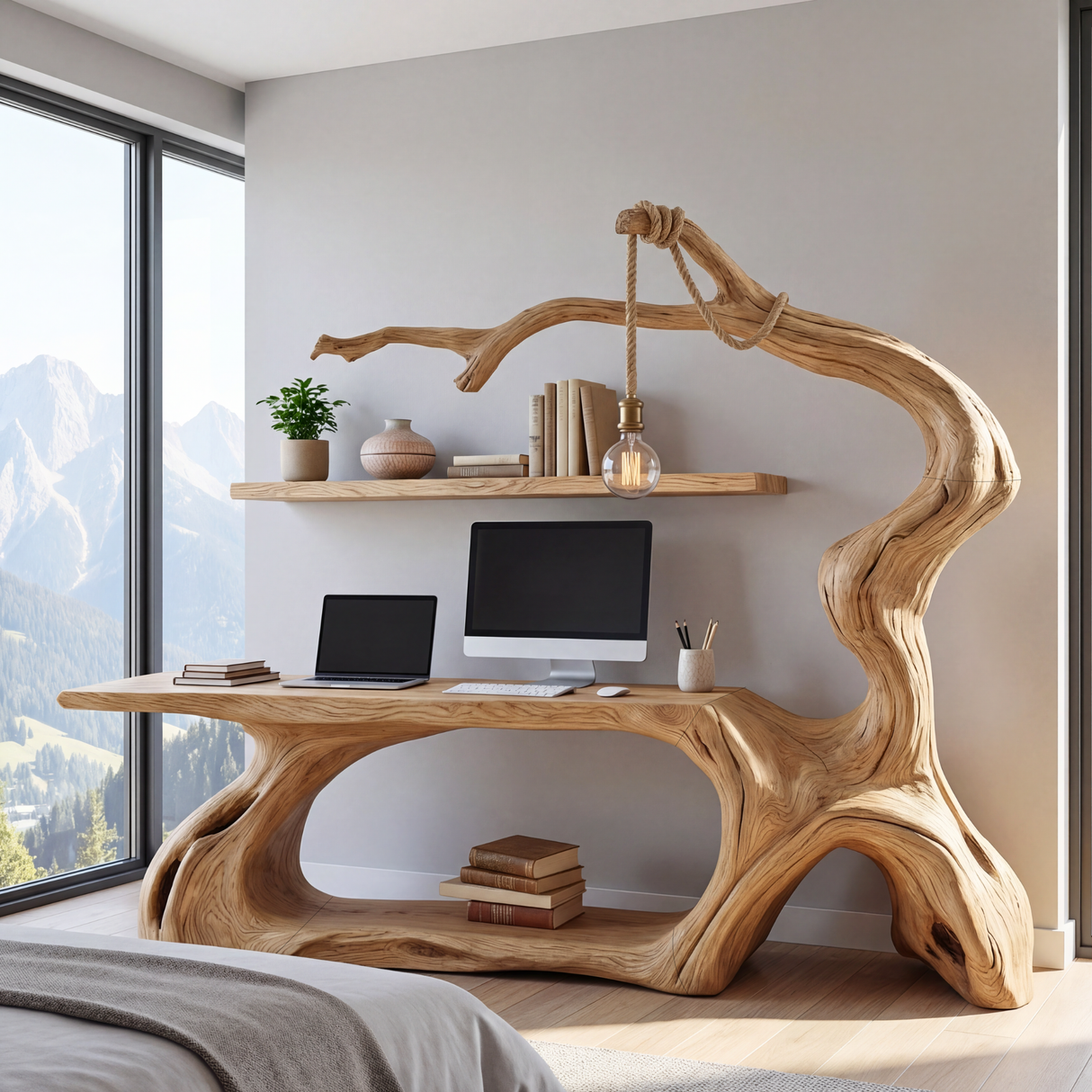 Solid Wood Desk with Hanging Light Tree Inspired Reading Table Organic