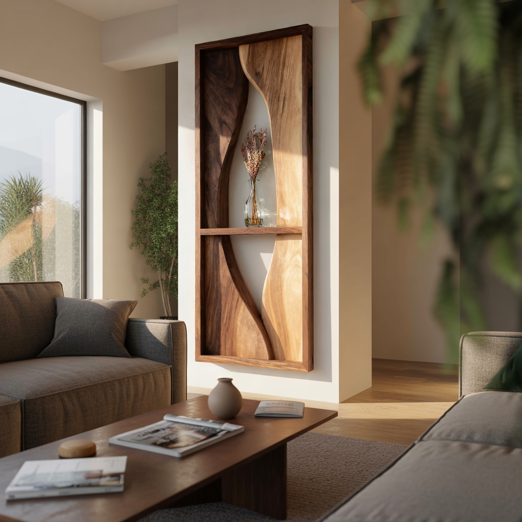 Organic Wood Wall Art Panel with Floating Display Shelf