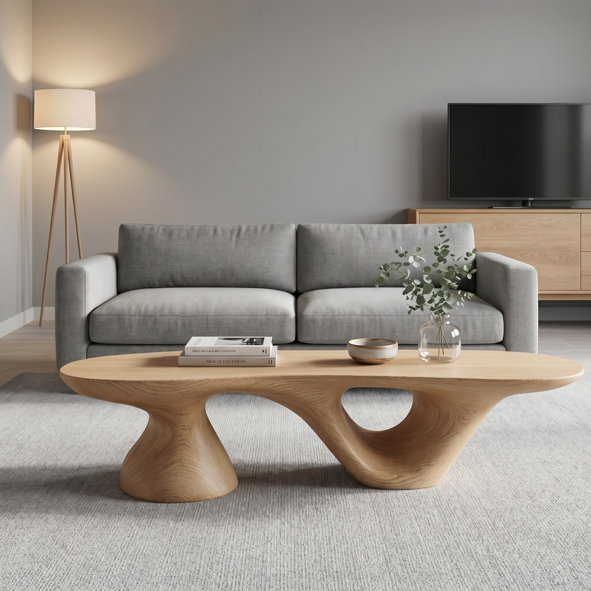 Solid Wood Coffee Table with Dual Sculptural Hollow Base