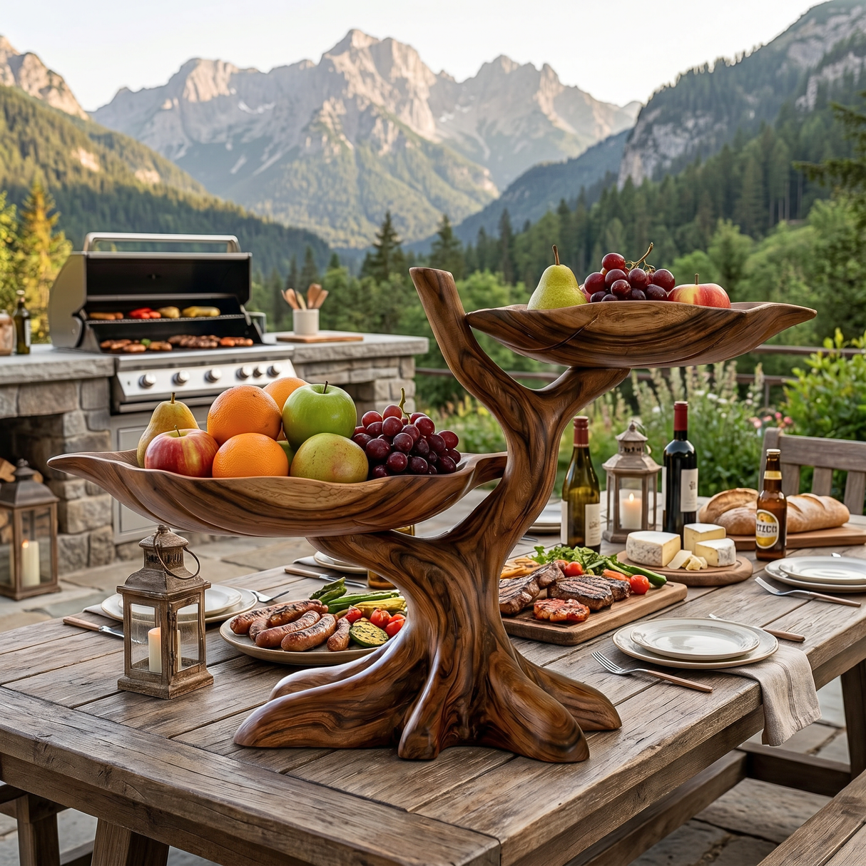 Solid Wood Branch Fruit Bowl Stand with Two Sculptural Display Trays