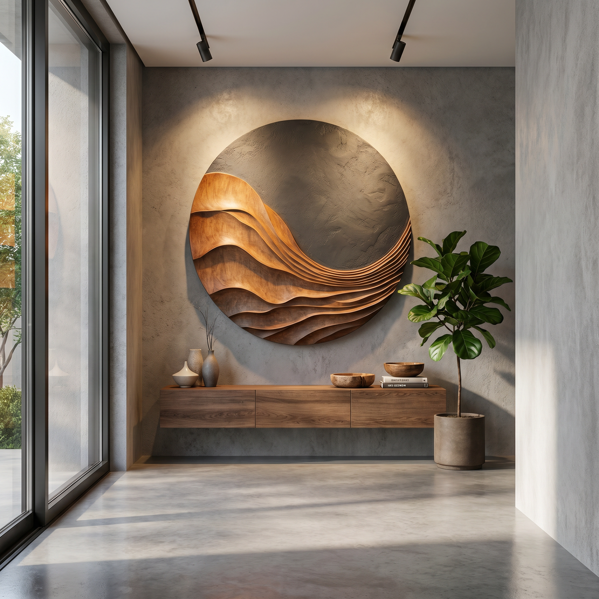 Handcrafted Round Wood Wall Sculpture with Flowing Layered Relief and Charcoal Textured Contrast