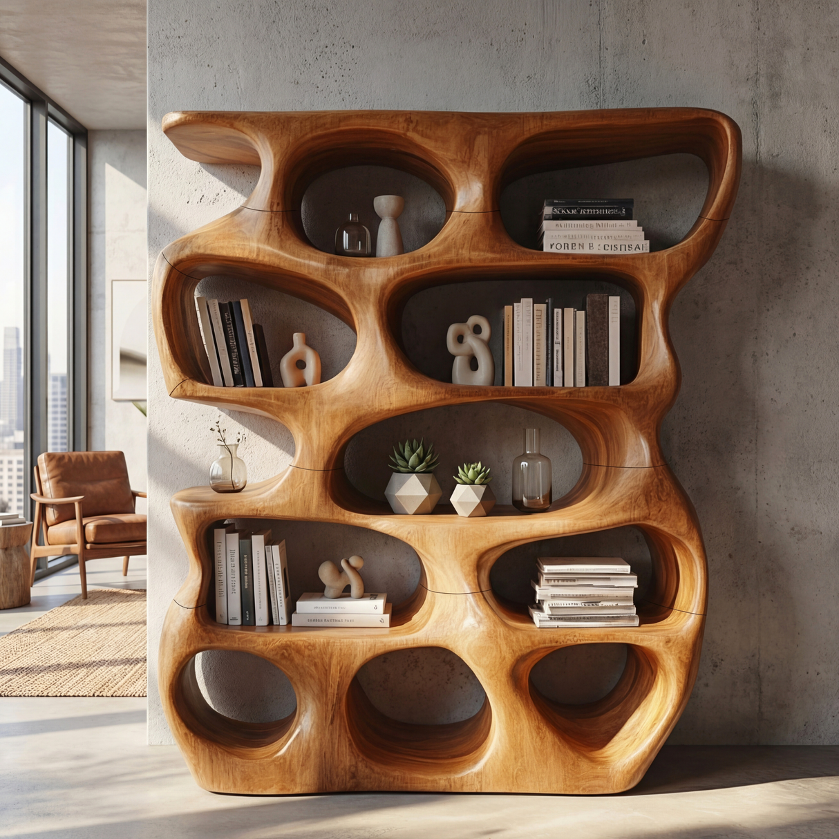 Abstract Organic Wood Display Shelf with Rounded Open Niches and Sculptural Form
