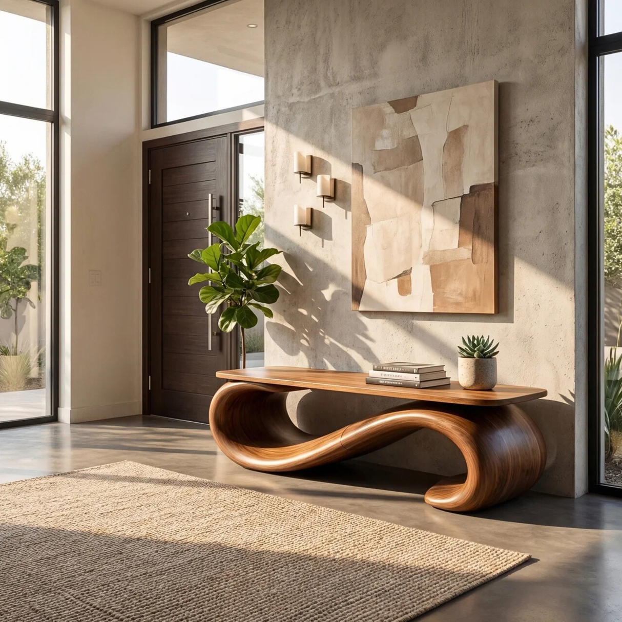 Organic Wood Bench with Sculptural Loop Base for Modern Interiors