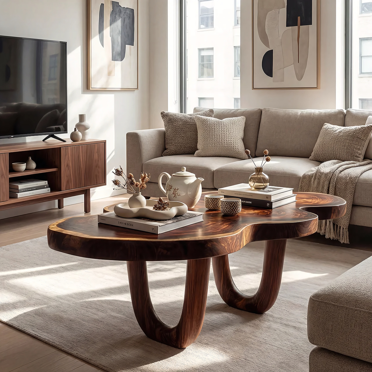 Sculptural Solid Wood Coffee Table with Curved Base